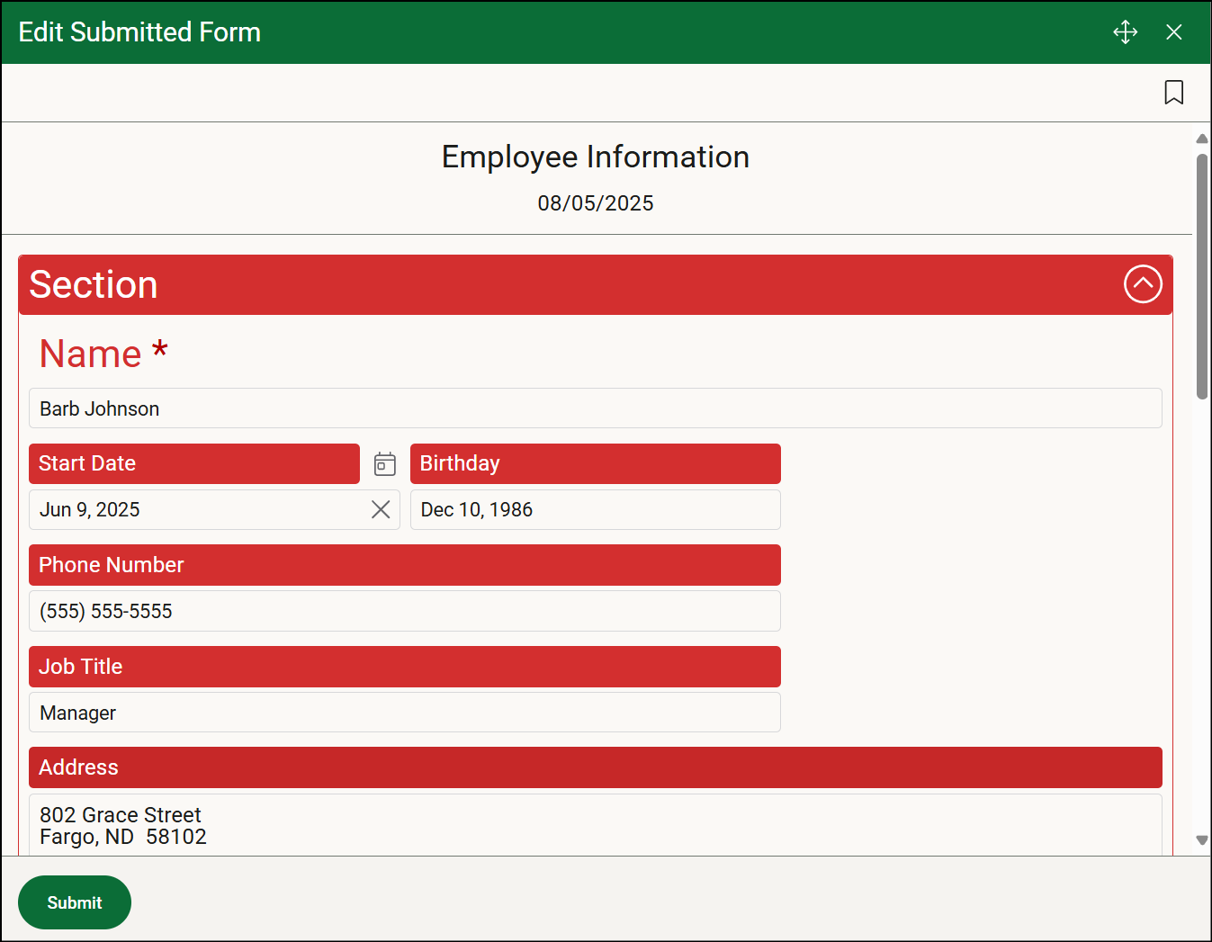 Using the Edit Submitted Forms Window
