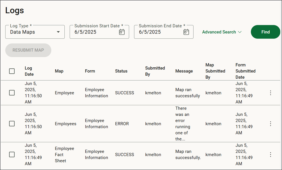 Viewing the Data Maps Log